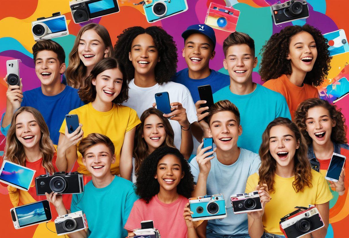 A vibrant collage depicting diverse teenagers engaged in video creation and sharing, surrounded by inspirational quotes and trendy gadgets. The background features colorful waves symbolizing creativity and technology, with elements like smartphones and cameras. Showcase varying emotions of joy, excitement, and surprise on their faces. Use a modern, youthful aesthetic to resonate with the audience. bright colors. energetic. dynamic composition.