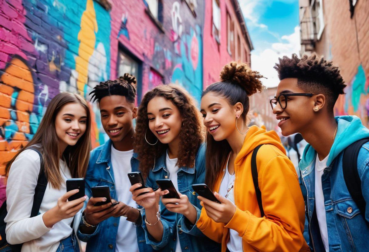 A vibrant scene depicting a diverse group of teenagers creatively filming short videos on their smartphones in a colorful urban setting. Elements include a dynamic zoom effect showcasing various social media icons, with bright graffiti art in the background. A sense of excitement and collaboration is captured through their expressions and actions. super-realistic. vibrant colors. urban style.