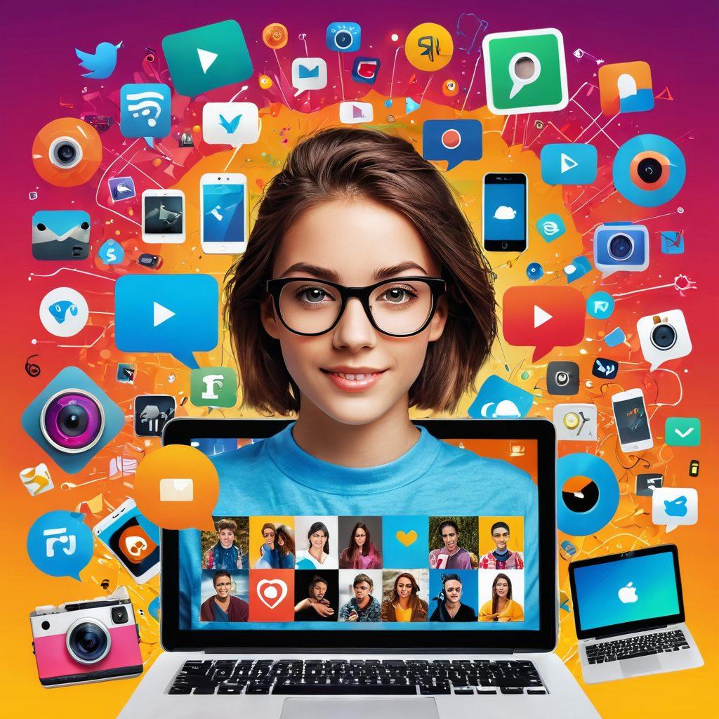 A dynamic collage featuring an eye-catching smartphone displaying a variety of vibrant vlogs, surrounded by energetic youth engaging with video content on laptops and tablets, with icons representing likes, shares, and comments floating around. The background should evoke a lively atmosphere with bright colors and digital elements, illustrating the essence of online influence. super-realistic. vibrant colors. digital art.